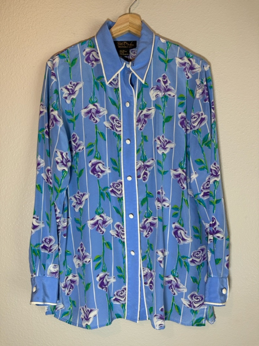 Bob Mackie Wearable Art Floral Blue Button Down Blouse Vintage 100% Silk Small